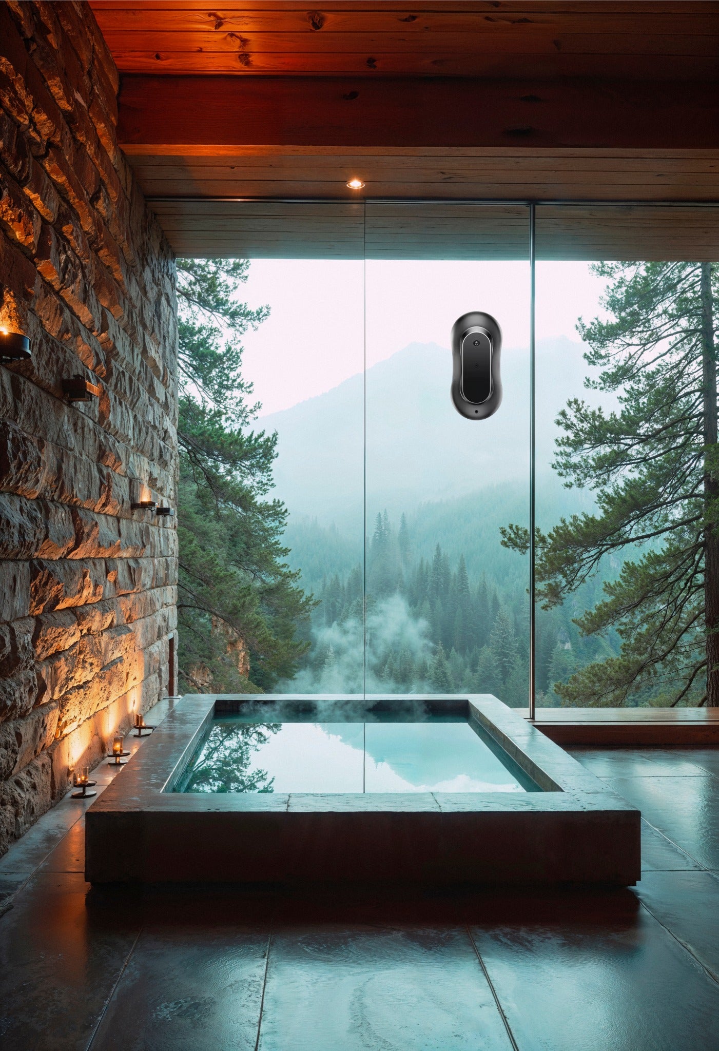 présentation d'un robot qui lave la baie vitrée d'une pièce avec jacuzzi et magnique vue